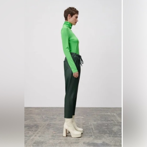 Zara Size Green Faux Leather The Weekend Pants, size small, NWOT, drawstring - Picture 2 of 8